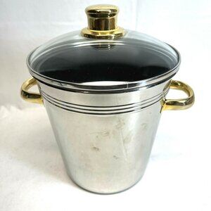 Stainless And Brass Ice Bucket 8.5" Tall, Brass Handles, Glass Lid, Liner